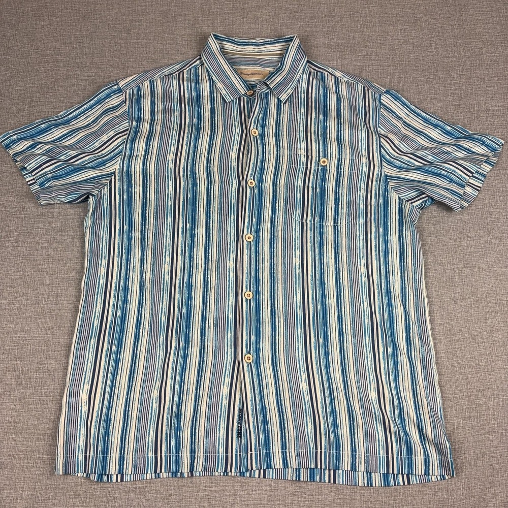 Tommy Bahama Shirt Mens XL Blue Striped Silk Blend Short Sleeve Button Up Casual